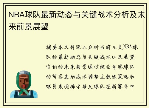 NBA球队最新动态与关键战术分析及未来前景展望